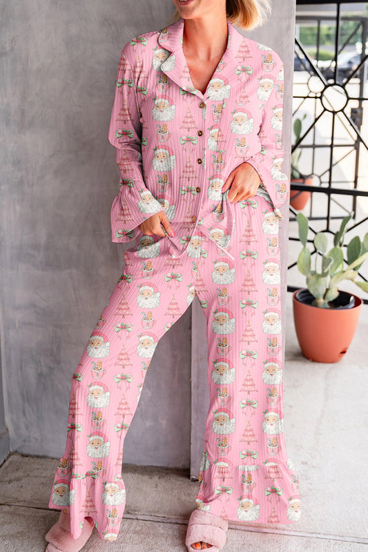 Pink Christmas Print Ruffle Ribbed Shirt and Pants Pajama Set