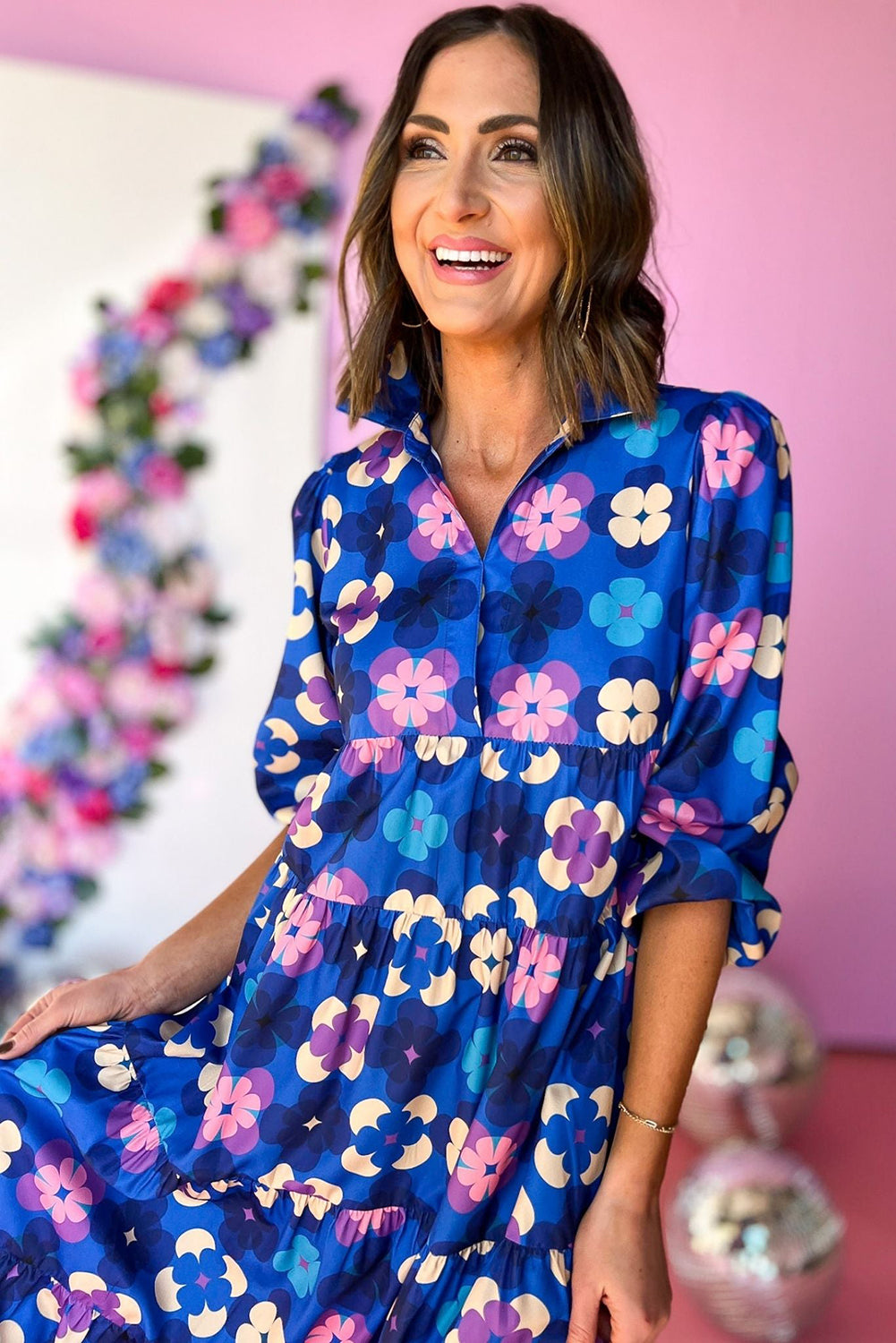 Blue Floral Peasant Sleeve Tiered Ruffle Midi Dress