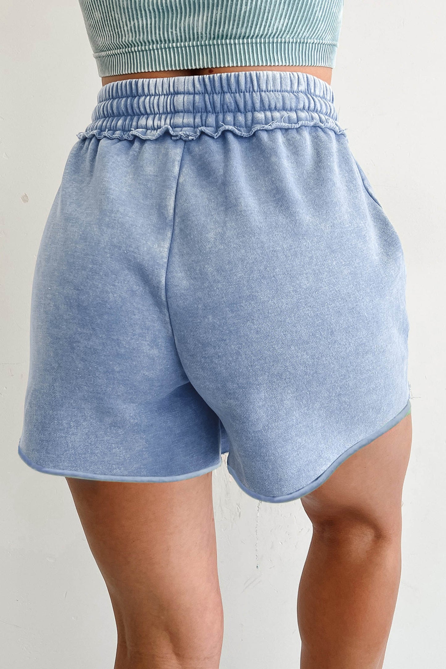 Sky Blue Patriotic Sequin Star Raw Seam Drawstring Cotton Shorts