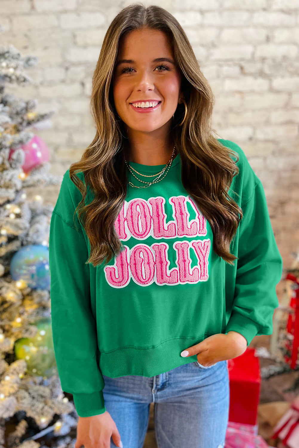 Sea Green HOLLY JOLLY Letter Christmas Holiday Sweatshirt