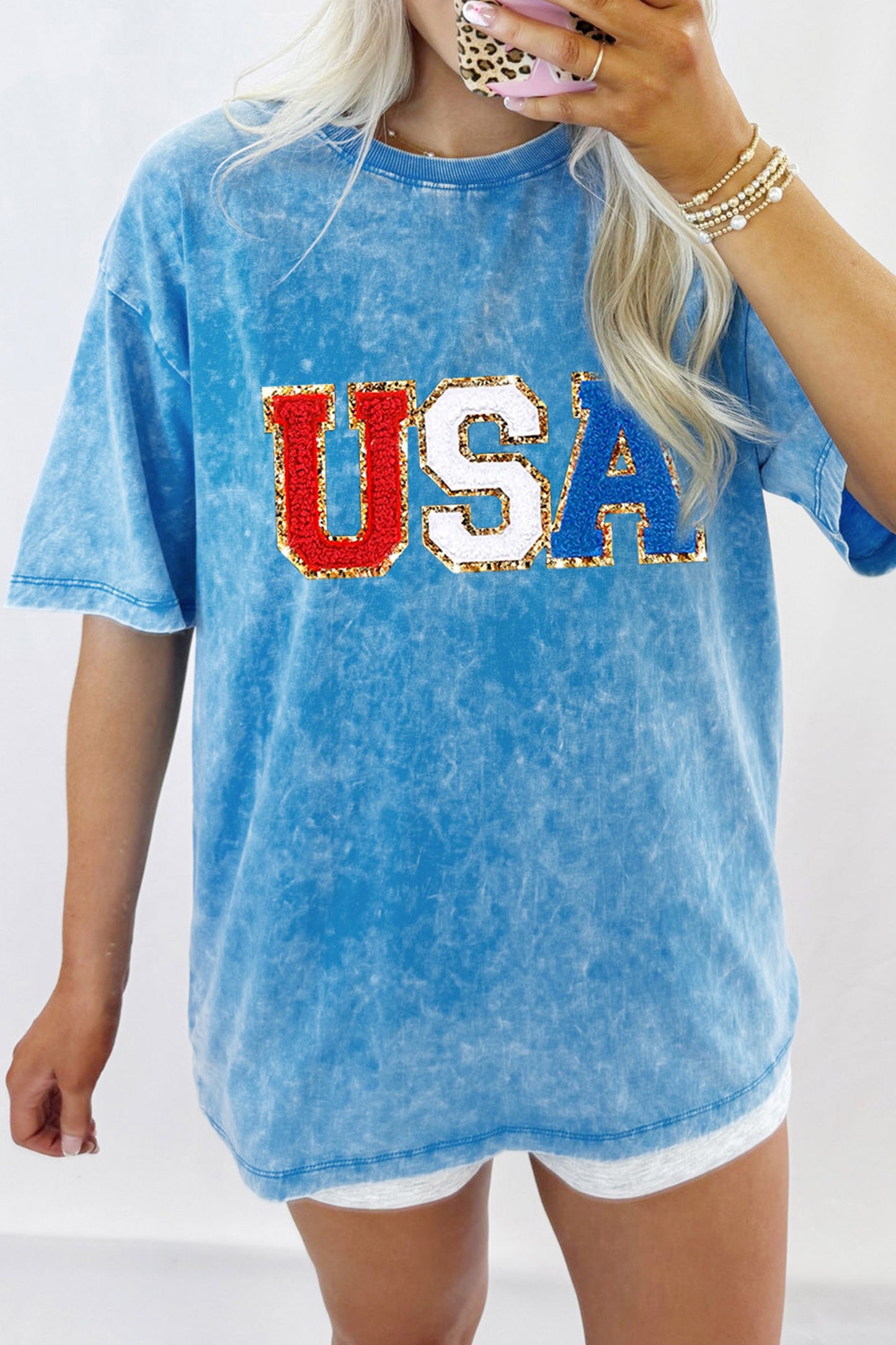 Blue USA Chenille Patch Graphic Retro Washed Cotton T Shirt