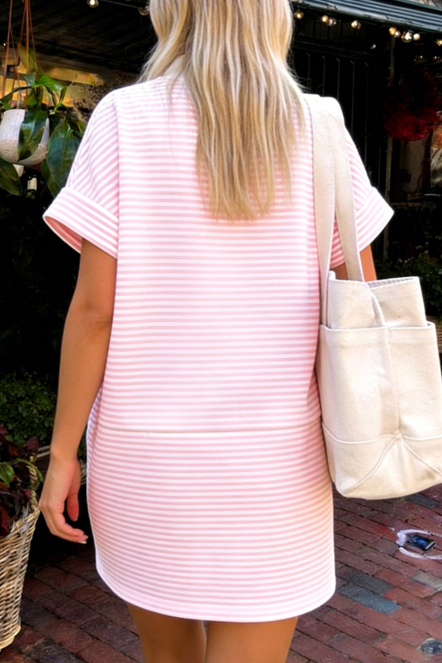 Pink Stripe Patriotic Sequin Bow Mock Neck T Shirt Shift Dress